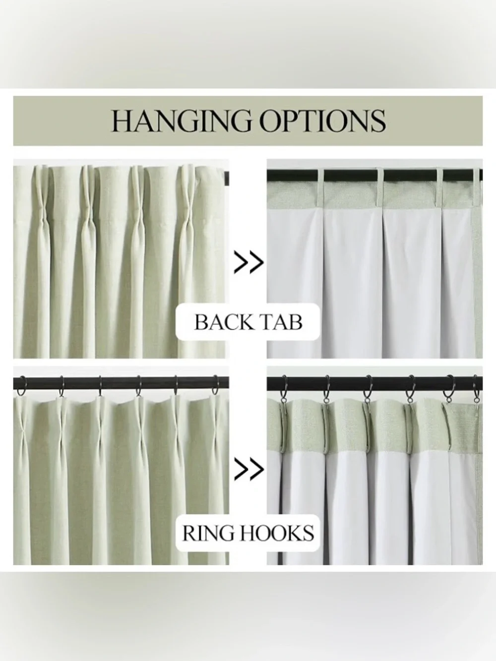 Vision Home Soft Green Pinch Pleated Full Blackout Curtains,50x63x2BL, NEW